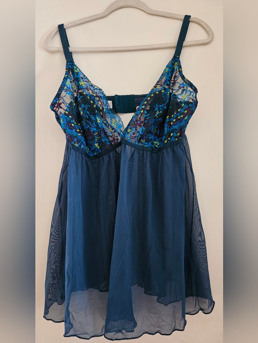 Adore Me 1X Teal Floral Lace Sheer Mesh Babydoll Lingerie Set